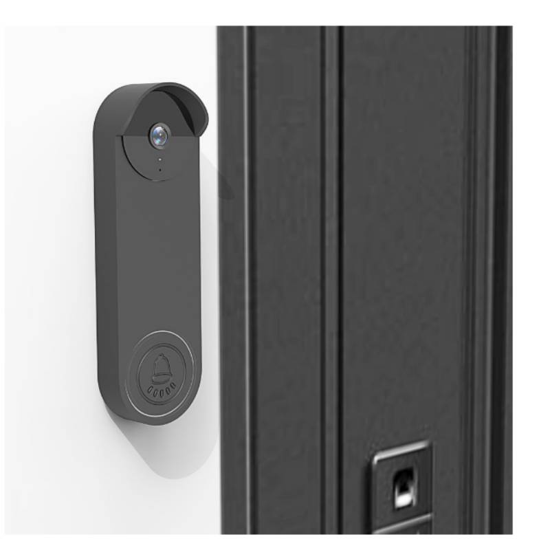 Schwarze Videotürklingel-Kamera an einer Wand neben einer dunklen Haustür montiert