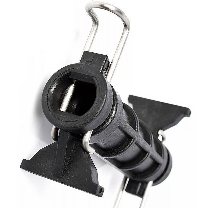 Schwarze Kunststoff-Kippverschlussklammer mit Metallretentionsstift, isoliert auf weißem Hintergrund dargestellt.