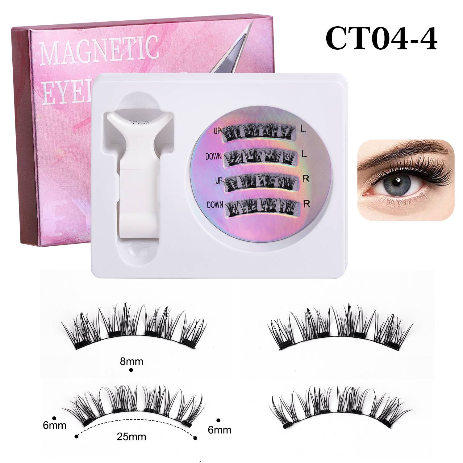 Magnetisches Wimpern-Set mit Applikator, vier Wimpernpaare mit Beschriftung oben/unten und L/R, plus Größenleitfaden mit Längen von 6 mm, 8 mm und 25 mm.