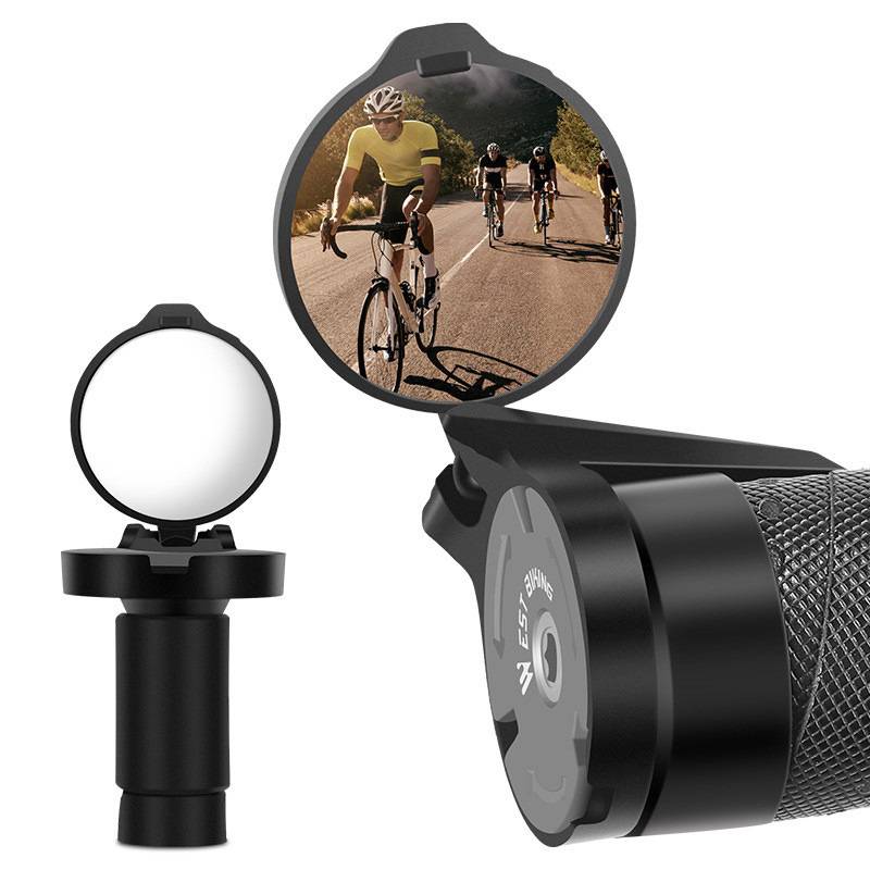 Fahrradlenker-montierter Rückspiegel-Befestigung, gezeigt mit einem verstellbaren runden Spiegel und Klemme, einschließlich eines Beispiels für die Spiegelung eines Radfahrers.