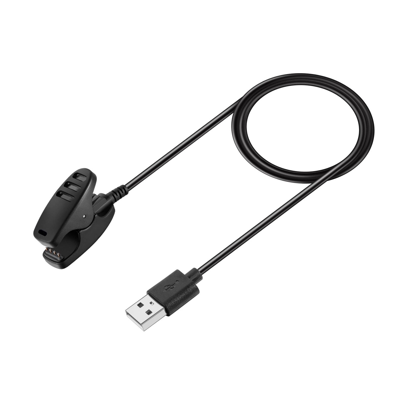 Schwarzes USB-Kabel mit einem tragbaren Sensor im Clip-Stil an einem Ende und einem USB-A-Stecker am anderen Ende.