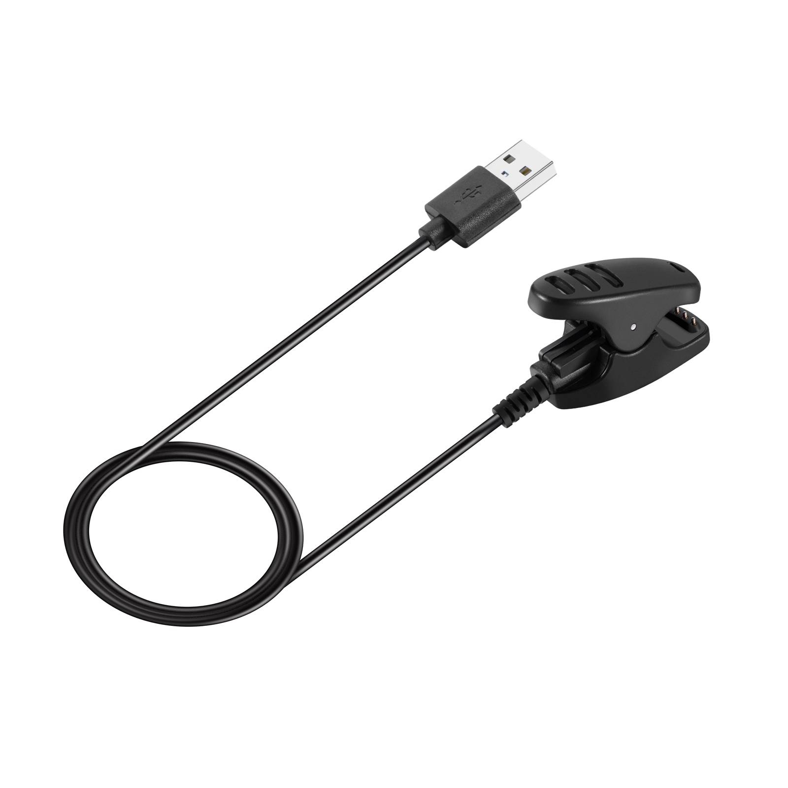 Schwarzes USB-Kabel mit einer aufclipbaren Gerätehalterung an einem Ende und einem USB-A-Stecker am anderen Ende, gezeigt auf weißem Hintergrund.