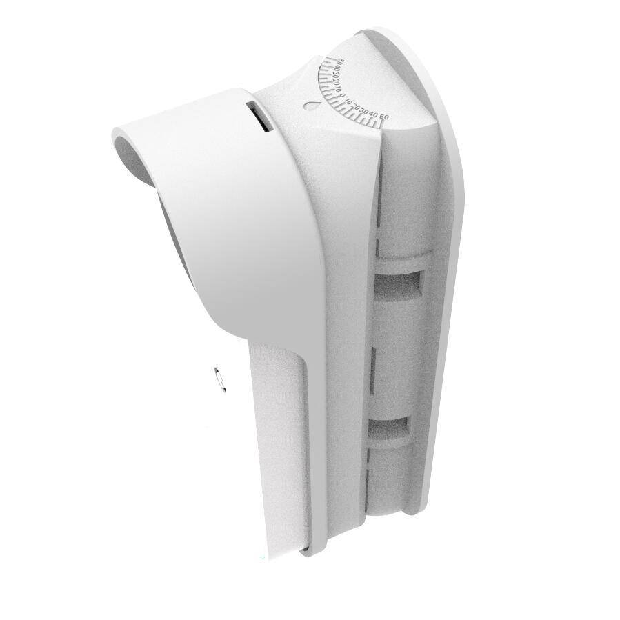 Weißer, wandmontierter, verstellbarer Sensor oder Detektor mit gebogenem Gehäuse und Kalibrierrad auf der Oberseite, dargestellt auf einem einfachen Hintergrund.