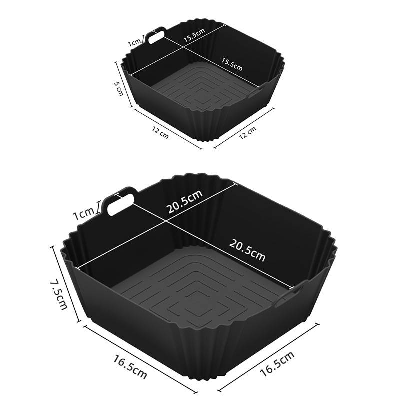 Zwei schwarze quadratische Aufbewahrungskörbe mit Griffen, die Größenvergleiche zeigen: kleine 12 cm x 12 cm x 5 cm und große 16,5 cm x 16,5 cm x 7,5 cm, beide 20,5 cm breit mit Griffen.