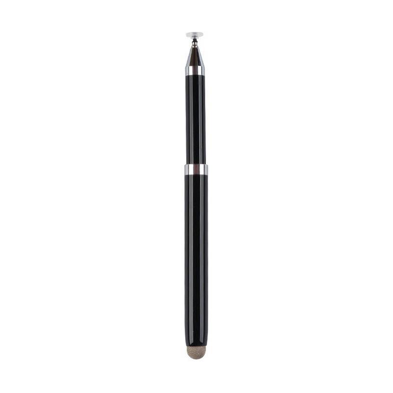 Schwarzer Stylus-Stift mit silbernen Akzenten, aufrecht auf weißem Hintergrund dargestellt.