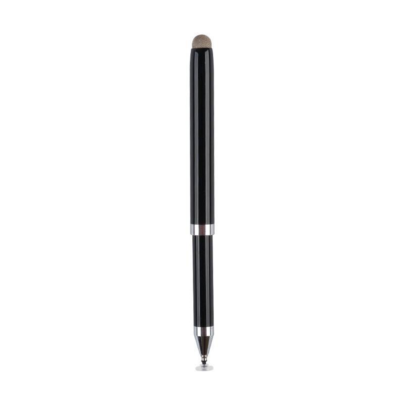 Schwarzer Stylus-Stift mit beiger Spitze und transparentem Deckel auf weißem Hintergrund.