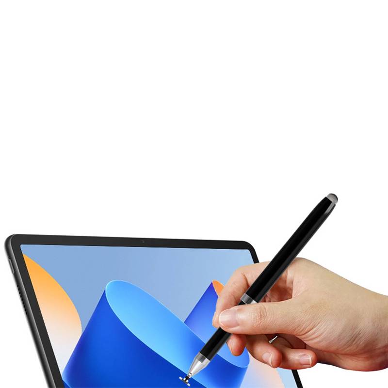 Hand, die einen Stift hält und auf einen Tablet-Bildschirm mit abstrakten blauen Formen auf weißem Hintergrund tippt.