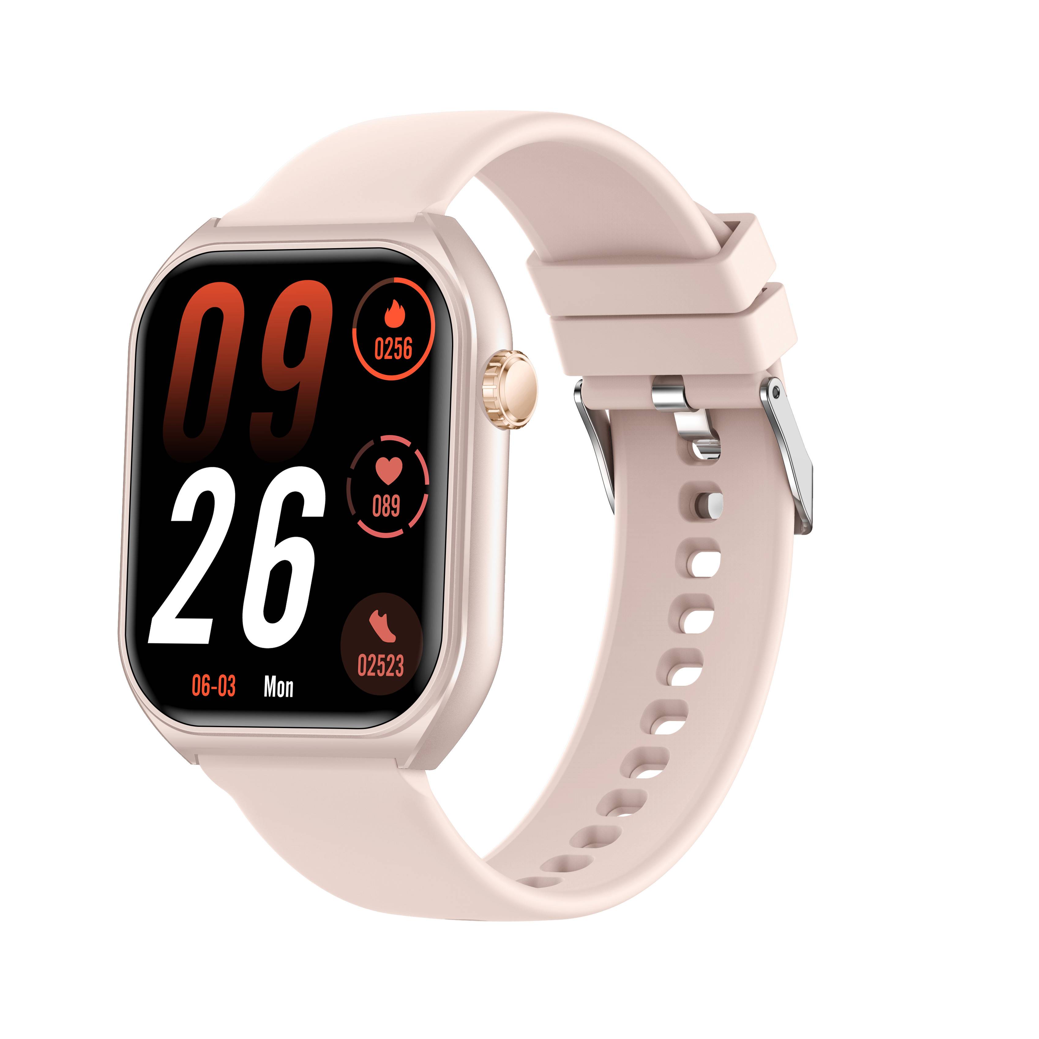 Rosegoldene Smartwatch mit beigem Armband, die ein digitales Zifferblatt mit großer Uhrzeit 