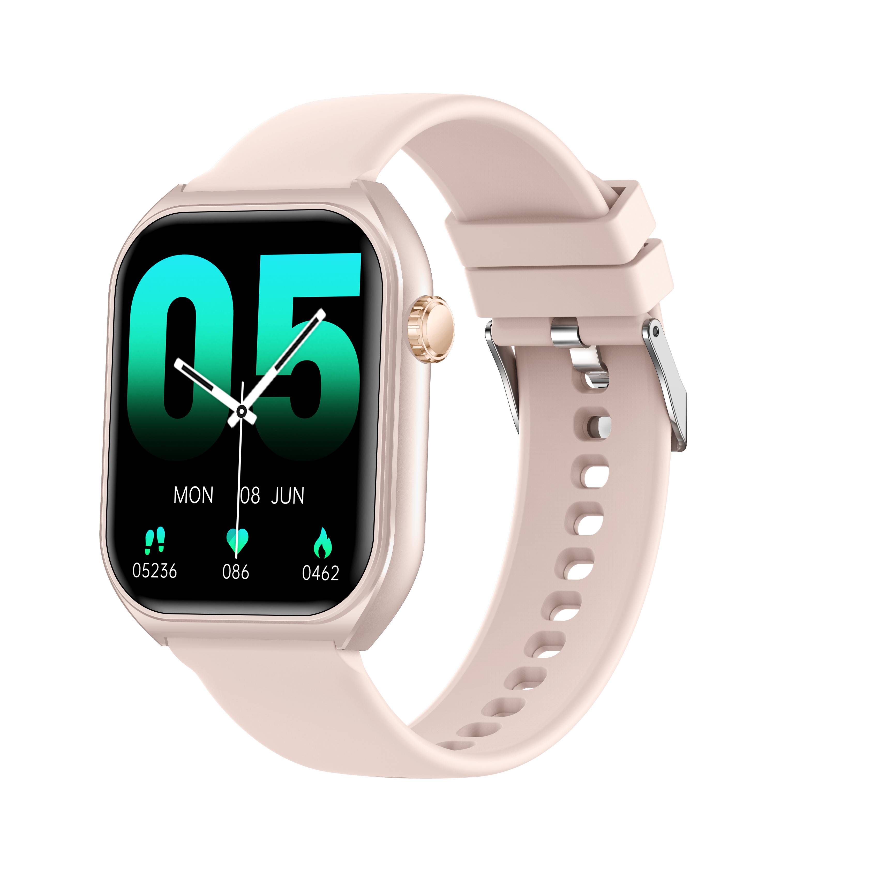 Rosafarbene Smartwatch mit schwarzem Display, das 05:20 anzeigt, das Datum MON 08 JUN und kleine Aktivitätssymbole auf dem Bildschirm.