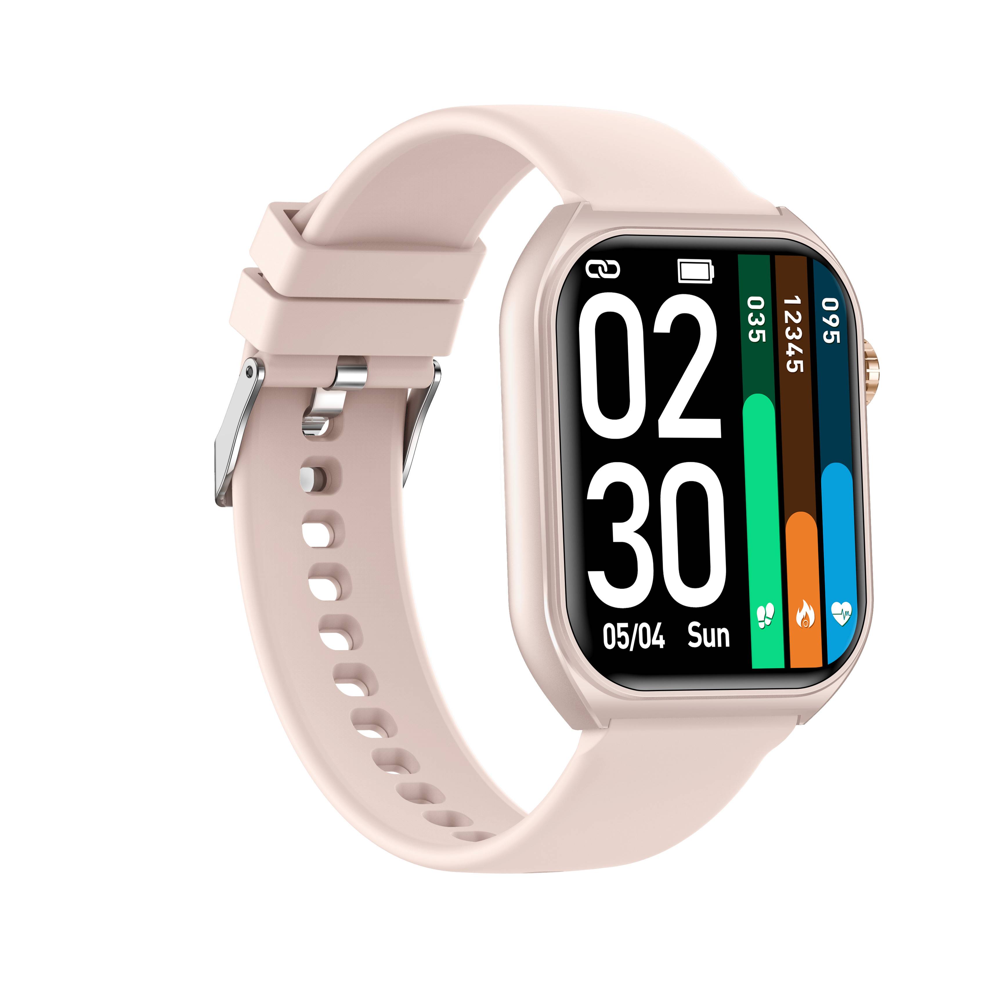 Rosa Smartwatch mit rechteckigem Display, das 02:30 anzeigt, Datum 05/04 So und farbenfrohe vertikale Aktivitätsbalken auf weißem Hintergrund.
