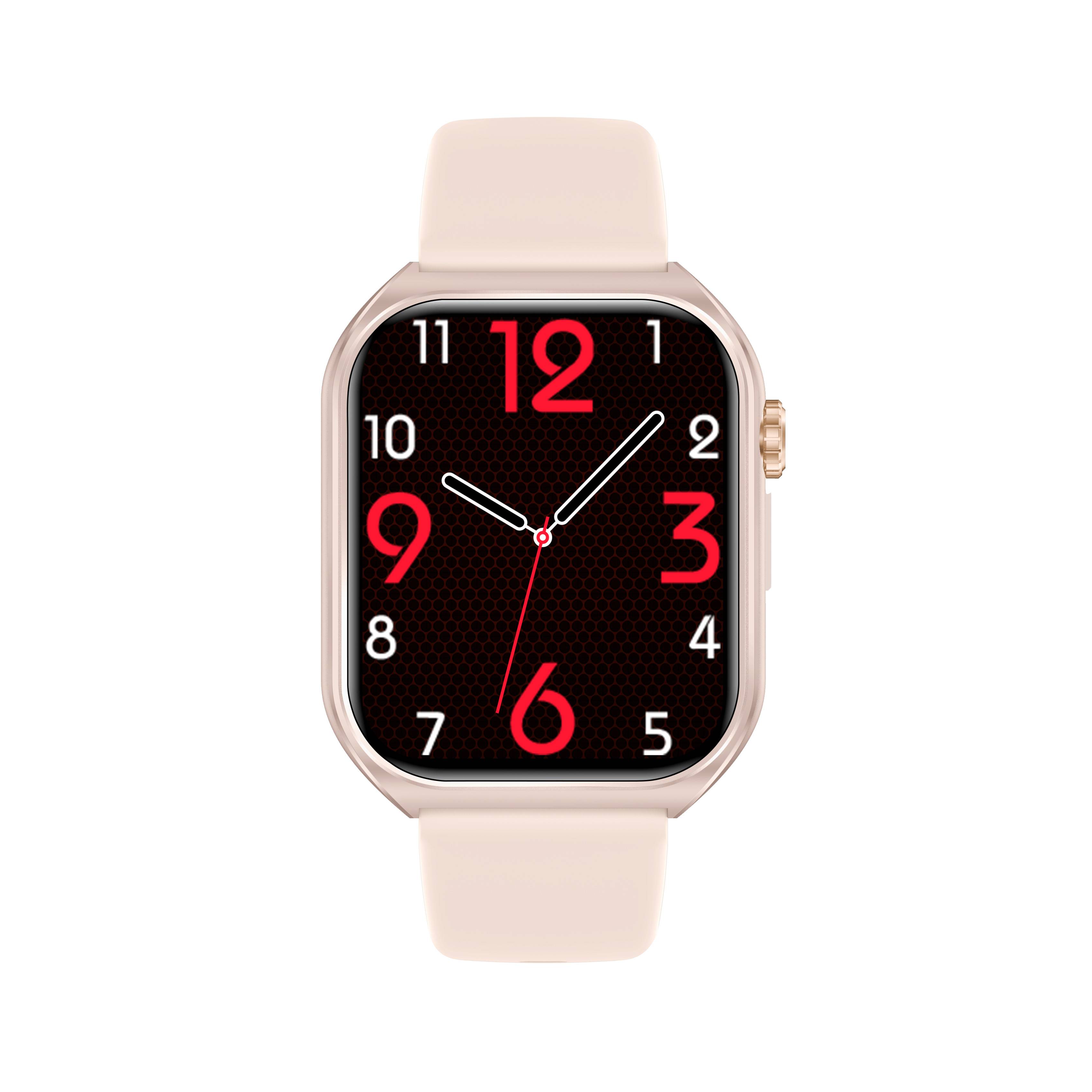 Rosegoldene Smartwatch mit beigem Armband mit analogem Zifferblatt mit großen roten und weißen Ziffern auf schwarzem Hintergrund.