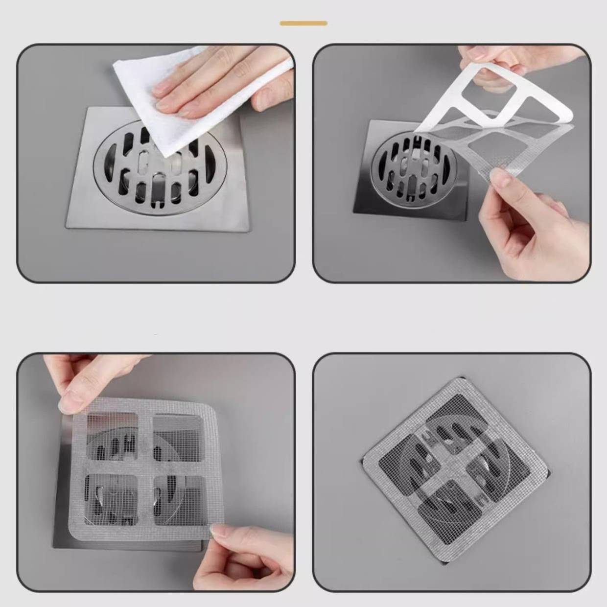 Hände installieren einen quadratischen Ablaufabdeckungsfilter über einen Bodenablauf und zeigen schrittweise die Platzierung und die fertig installierte Maschenabdeckung.
