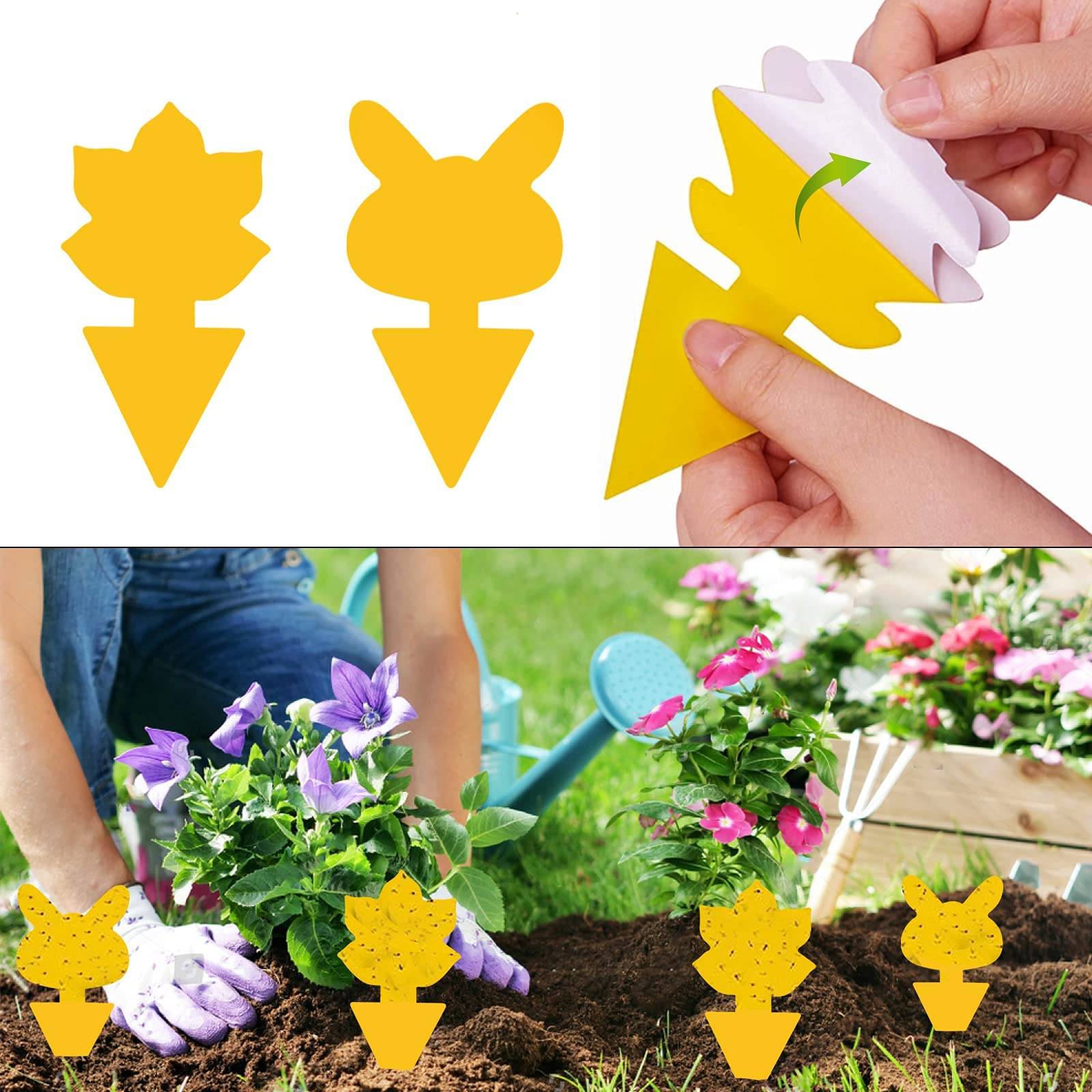 Wiederverwendbare gelbe Pflanzenetiketten mit tierförmigen Oberteilen werden in ein Blumenbeet gesteckt und zeigen, wie sie auseinandergezogen und zum Beschriften von Topfpflanzen verwendet werden.