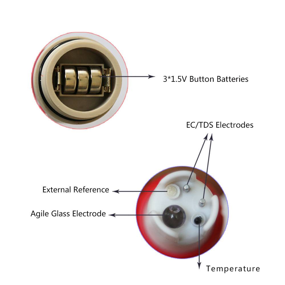 Diagramm einer Sensormütze mit 3 Knopfzellenbatterien, EC/TDS-Elektroden, externer Referenz, Agile-Glaselektrode und Positionen der Temperatursonde.