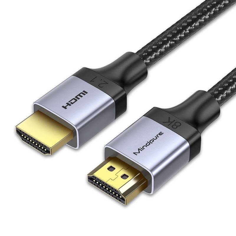 Zwei HDMI-Kabelstecker mit geflochtenen schwarzen Kabeln, einer mit der Bezeichnung „2.1