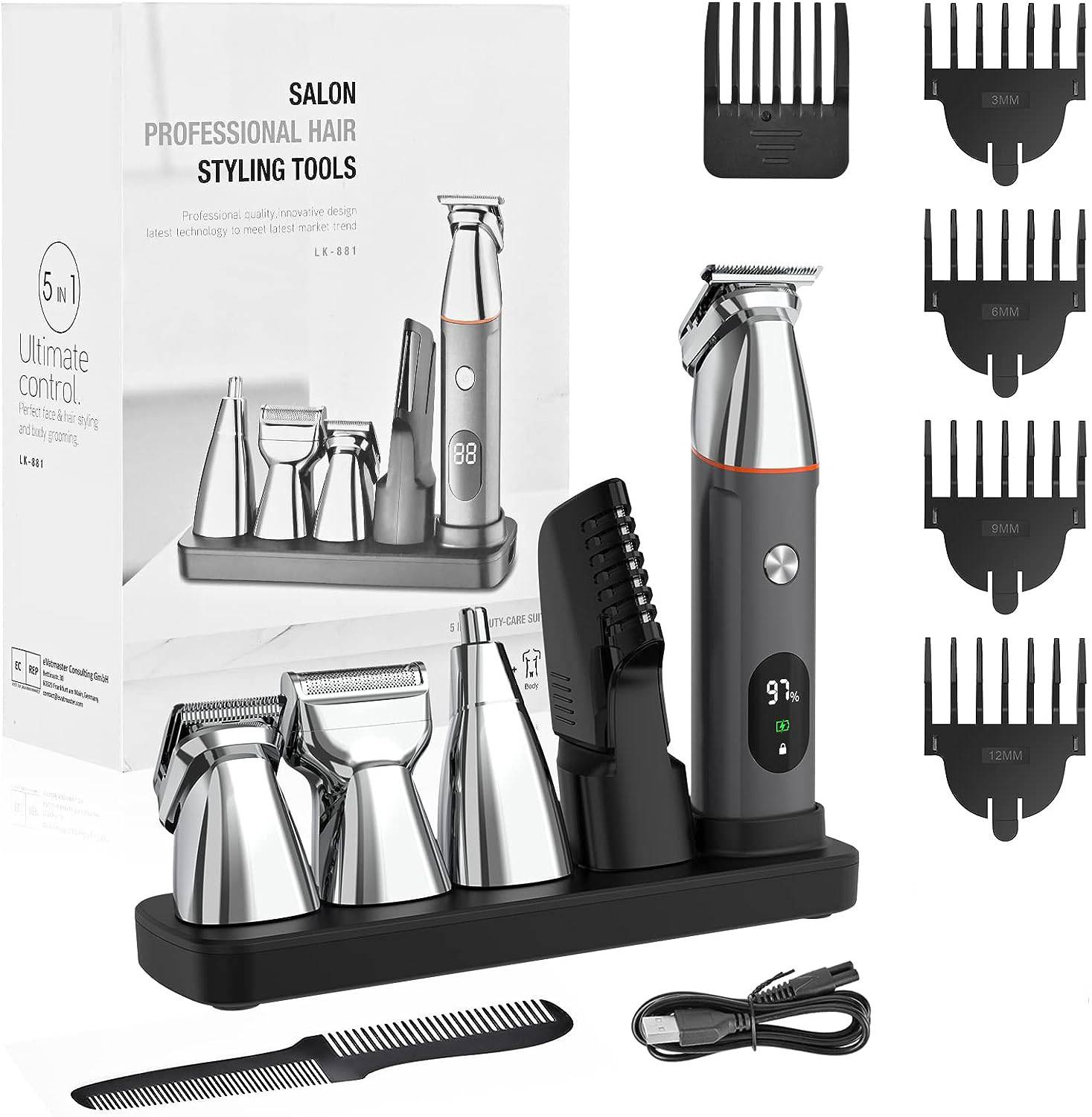 Haar-Trimmer-Set mit Ladeständer, mehreren Schneidekopf-Aufsätzen, Kämmen und Kabel; Schachtel mit der Aufschrift „Salon Professional Hair Styling Tools