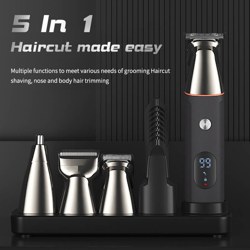 Werbebild eines 5-in-1-Haarpflegeset mit mehreren Aufsätzen, das einen Haarschneider/Trimmer zeigt und Text 