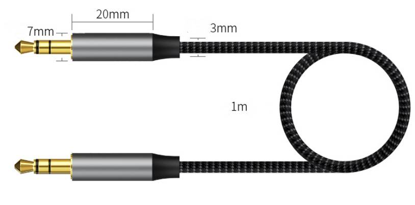 Abbildung eines 1 m geflochtenen Audiokabels mit vergoldeten 3,5-mm-Steckern und gekennzeichneten Abmessungen: 7 mm Spitze, 20 mm Steckergehäuse, 3 mm Kabeldicke.