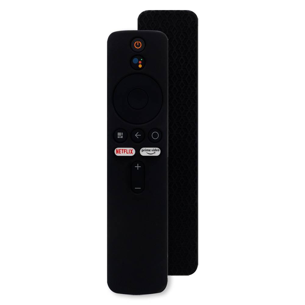 Schwarze Streaming-TV-Fernbedienung mit Stromschalter, Sprachassistent, Navigationstasten, Netflix- und Prime-Video-Shortcuts und Lautstärkeregelung.