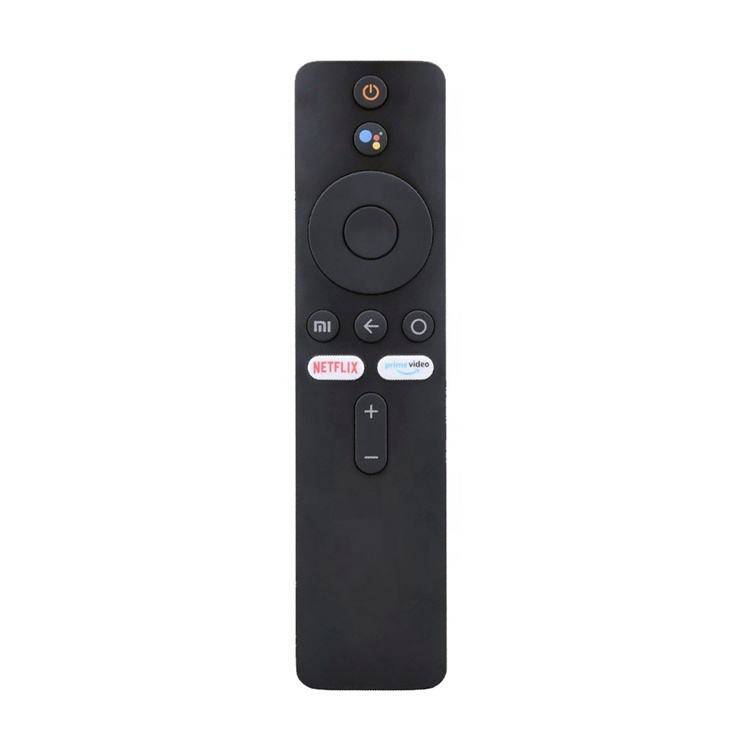 Schwarze Fernbedienung für TV-Streaming mit Ein-/Ausschalter, Sprachsteuerung, Navigationsring, Home-/Zurück-Tasten, Netflix- und Prime Video-Verknüpfungen sowie Lautstärkeregler.