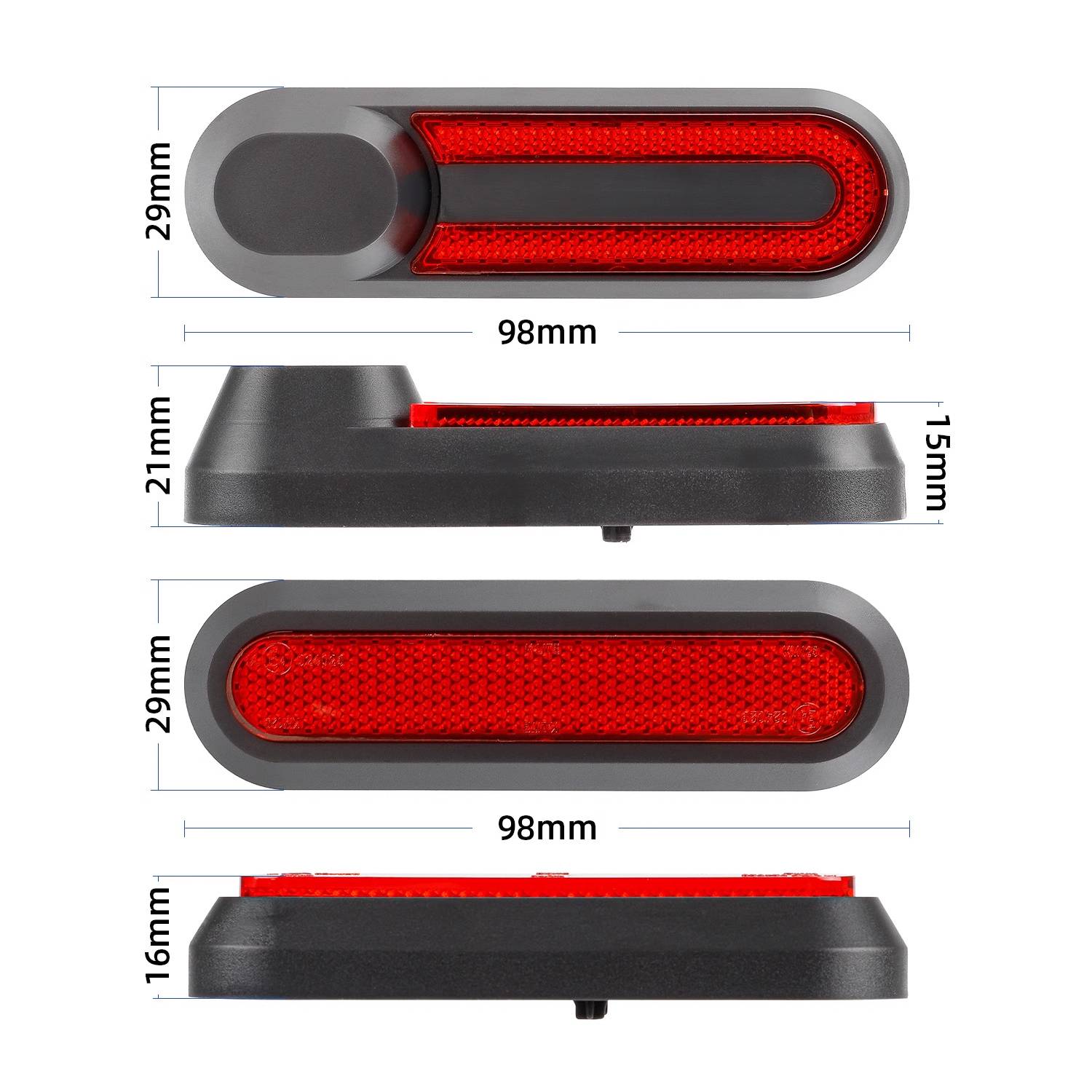 Produktdiagramm einer rot-grau leuchtenden Leuchte mit Vorder- und Seitenansicht mit Abmessungen: 98 mm lang, 29 mm breit, 15-21 mm hoch.