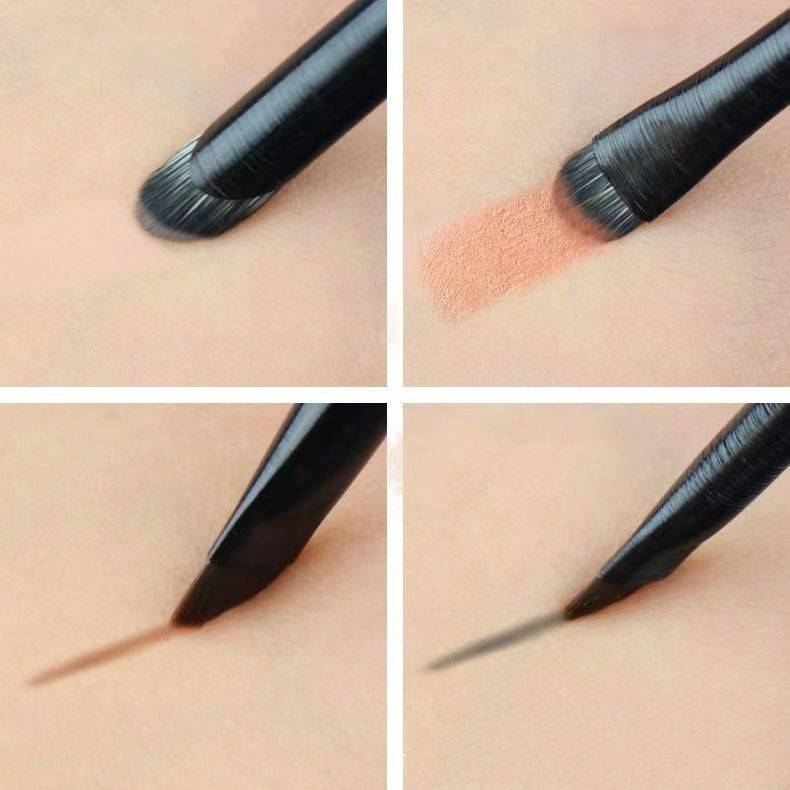 Vierteiliges Make-up-Pinsel-Demonstrationsbild mit einem Pinsel, der einen orangefarbenen Strich und eine feine Linie auf der Haut macht und verschiedene Anwendungseffekte zeigt.