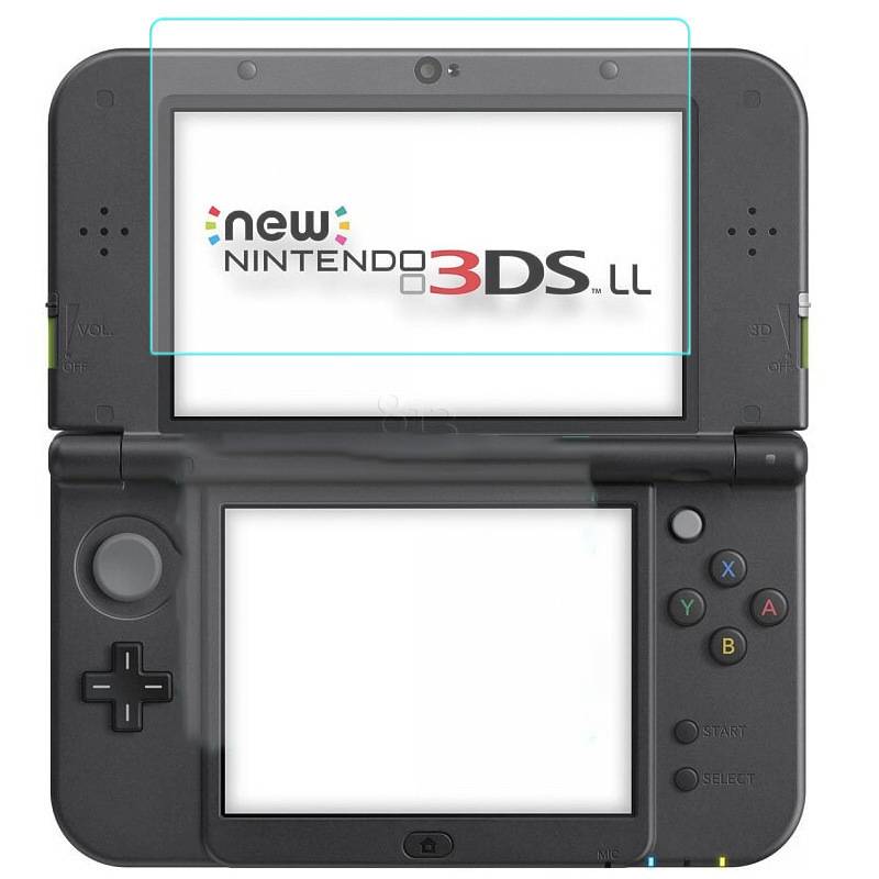 Offene New Nintendo 3DS LL Handheld-Konsole mit oberen Bildschirm, der das Systemlogo anzeigt, und unterem Touchscreen leer.