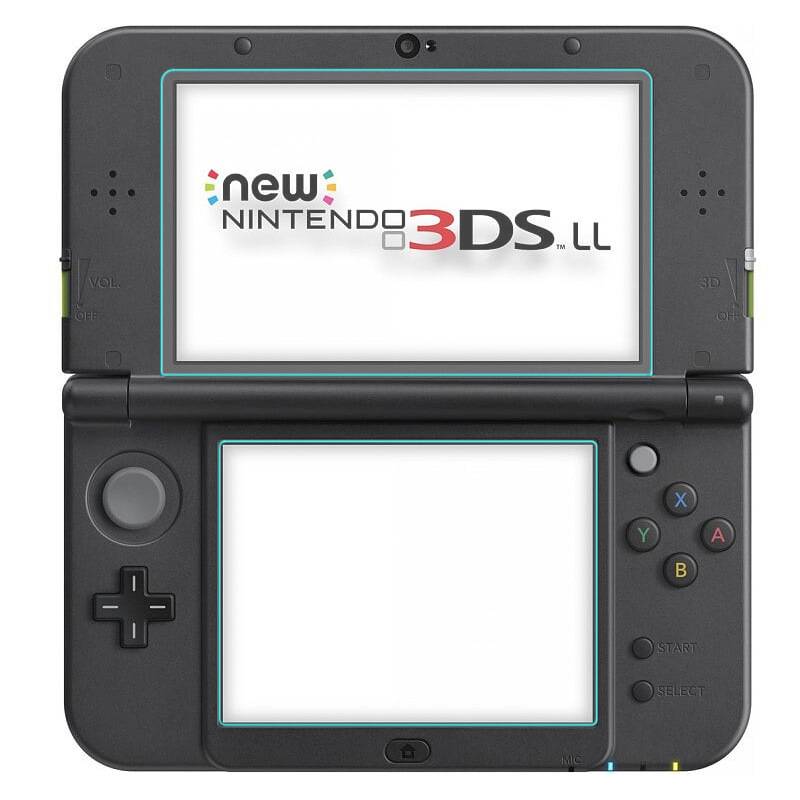 Offene schwarze Nintendo 3DS LL-Handkonsole, von vorne gezeigt, mit Doppelbildschirmen, Tasten und Logo auf dem oberen Bildschirm.