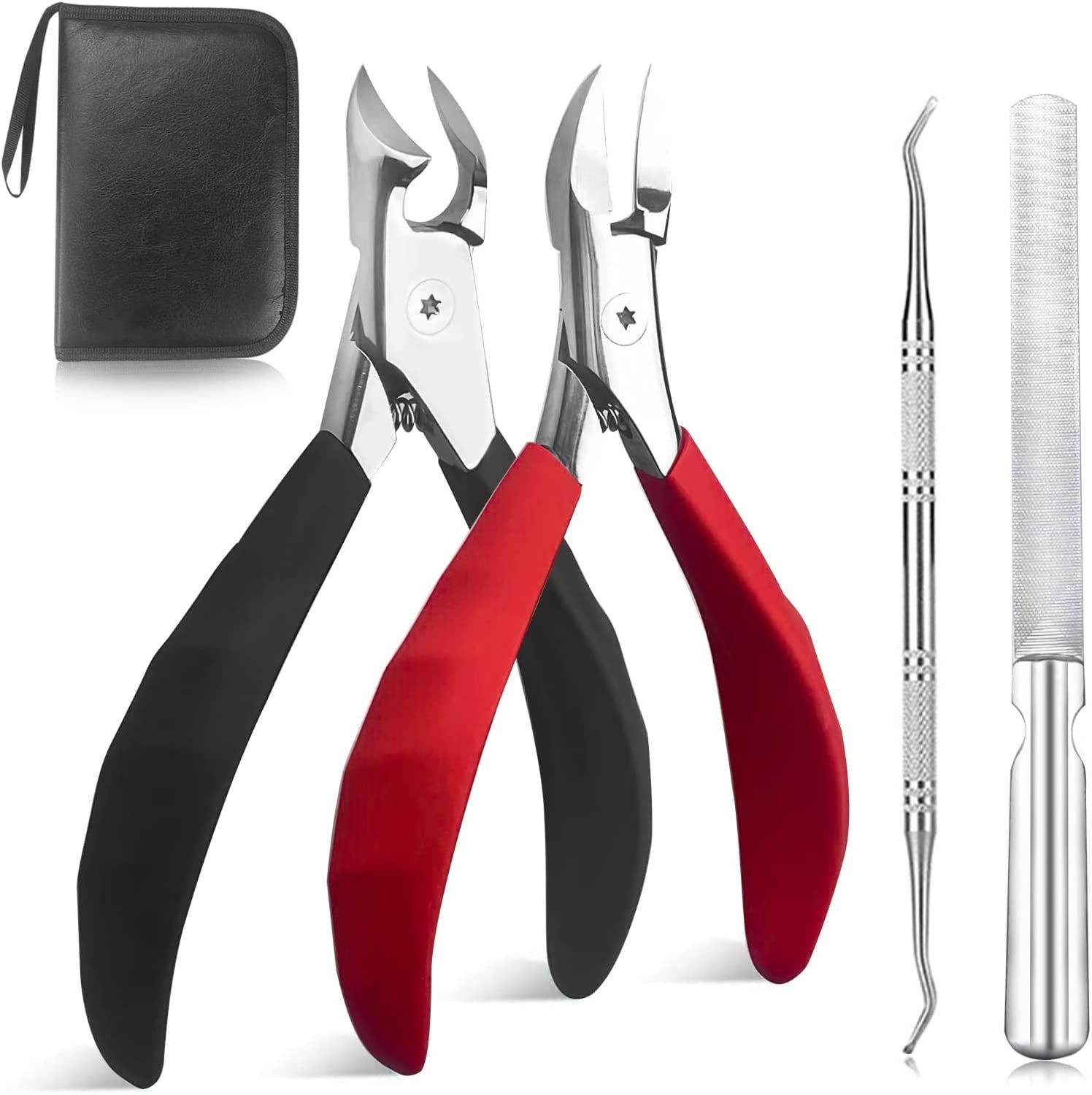 Maniküre- und Pediküre-Set mit zwei Nagelhautzangen, einem beidseitigen Spitzelinstrument, einer Nagelfeile und einem Etui mit Reißverschluss auf weißem Hintergrund.