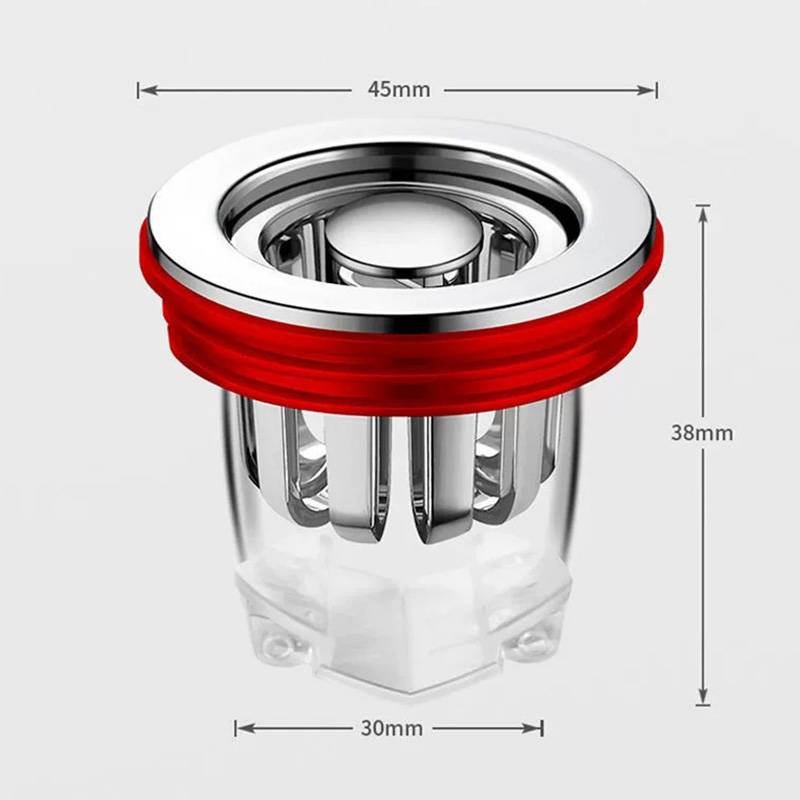 Transparente zylindrische Filterpatrone mit rotem Oberring, dargestellt als Produktdiagramm mit Abmessungen: 45mm breit, 38mm hoch, 30mm Basis.