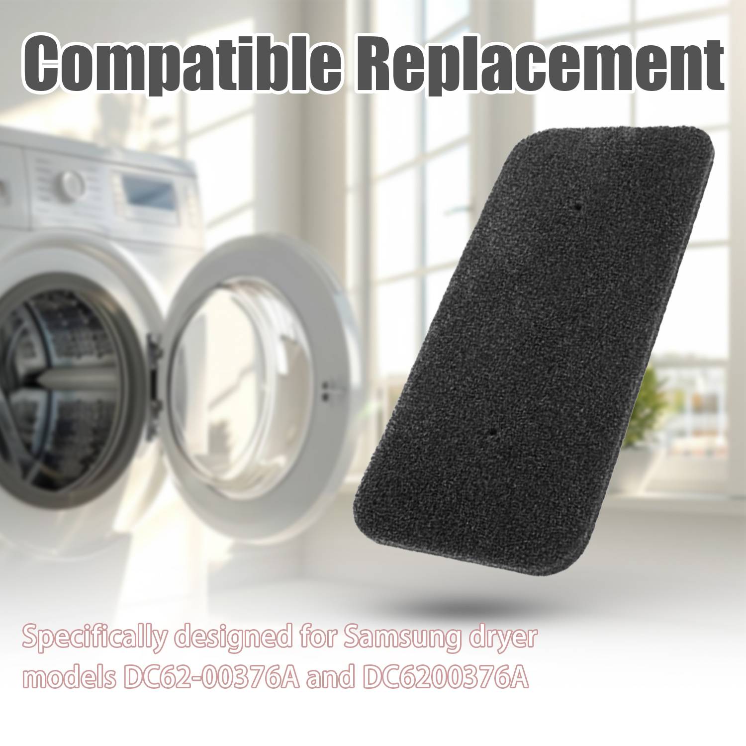 Kompatibles Ersatz-Wäschetrockner-Flusensieb, abgebildet vor einem offenen Samsung-Wäschetrockner, gekennzeichnet für die Modelle DC62-00376A und DC6200376A.