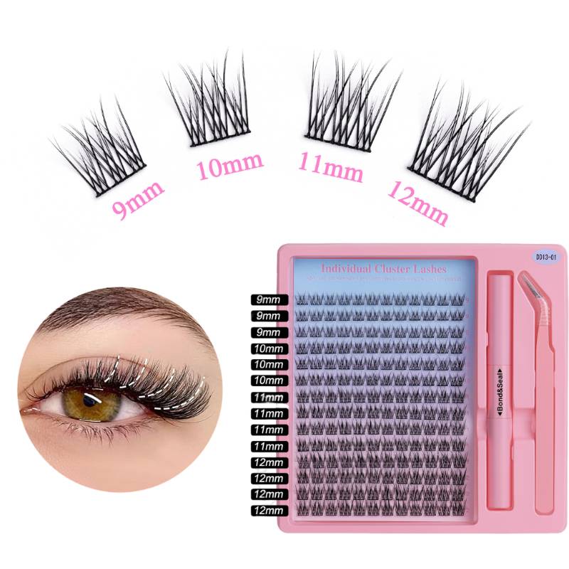 Produktbild von einzelnen Büschel-Wimpernverlängerungen in 9mm, 10mm, 11mm und 12mm Längen, gezeigt in einem rosa Aufbewahrungstablett und getragen auf einem Auge.