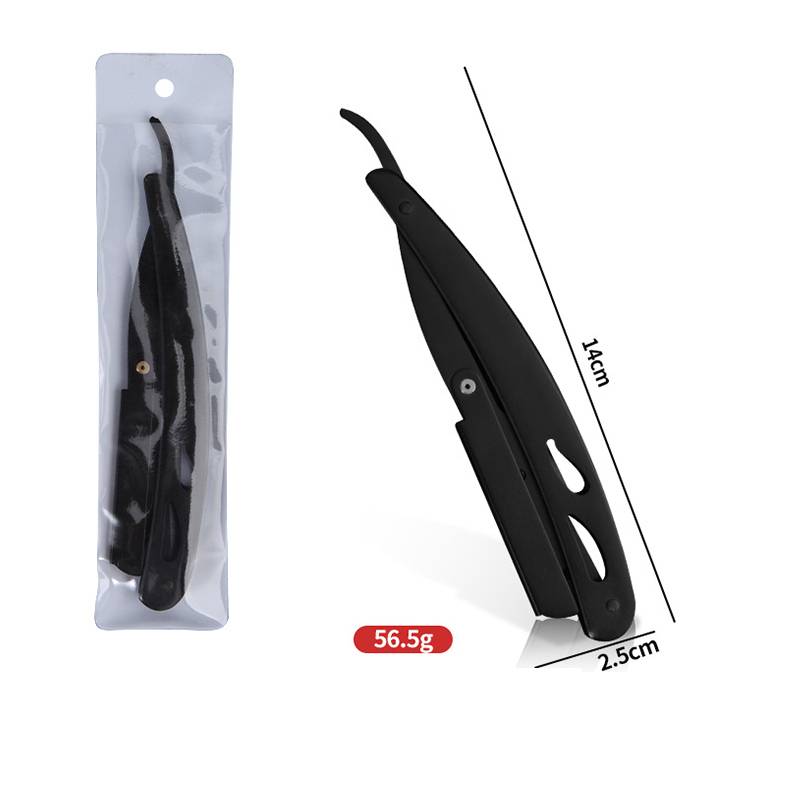 Schwarzer Klappmesser mit gerader Klinge, gezeigt in Verpackung und geöffneter Ansicht, mit Angabe von 14 cm Länge, 2,5 cm Breite, 56,5 g.