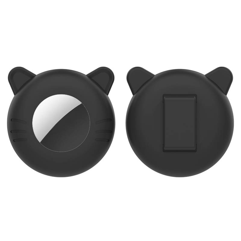 Schwarze katzenförmige Lichtschalter-Abdeckung mit rundem Gesicht und vorstehenden Ohren, Vorder- und Rückseite gezeigt; die Rückseite hat eine rechteckige Schalteröffnung.