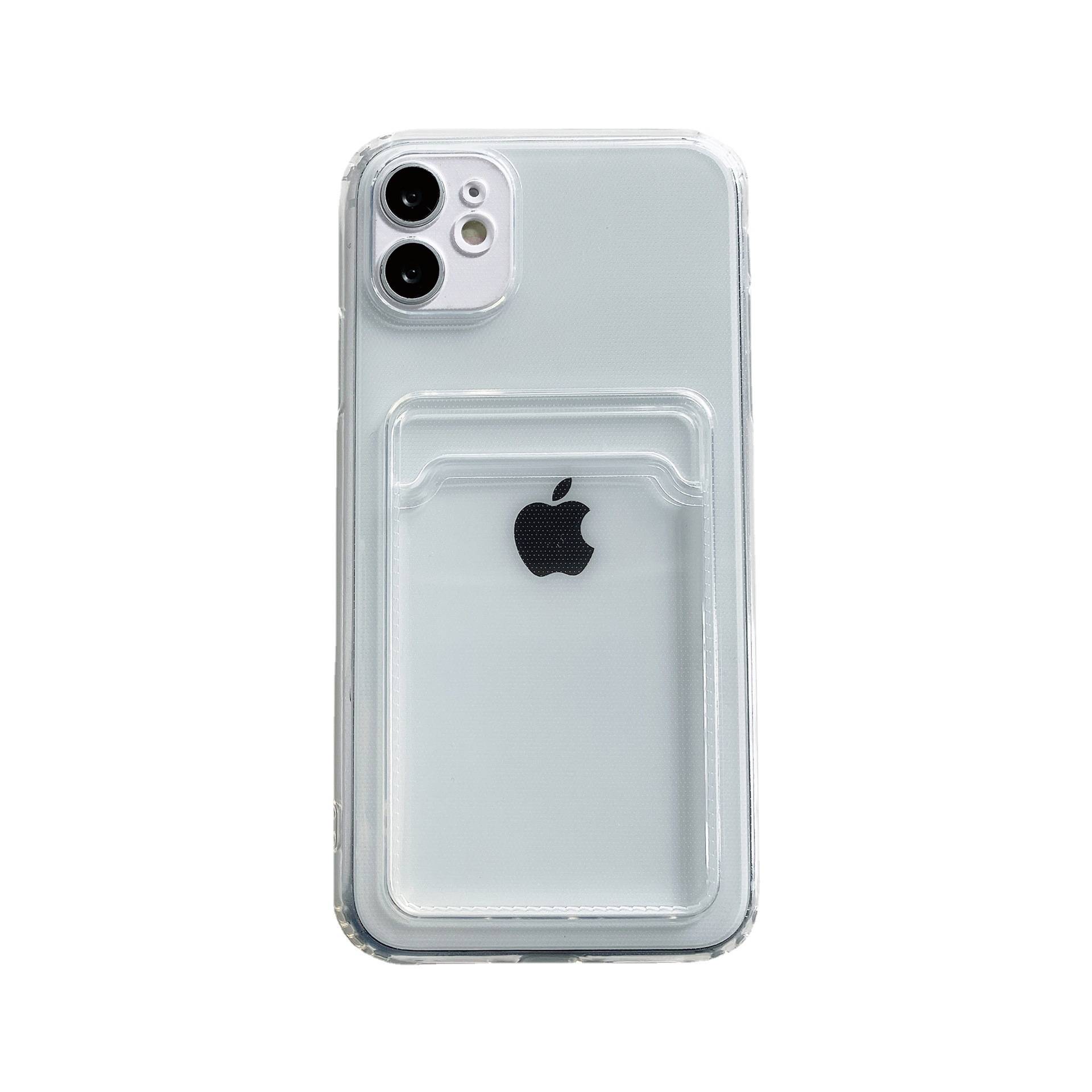 Transparente iPhone-Hülle mit einer zentrierten Rückentasche und Apple-Logo, dargestellt auf weißem Hintergrund.
