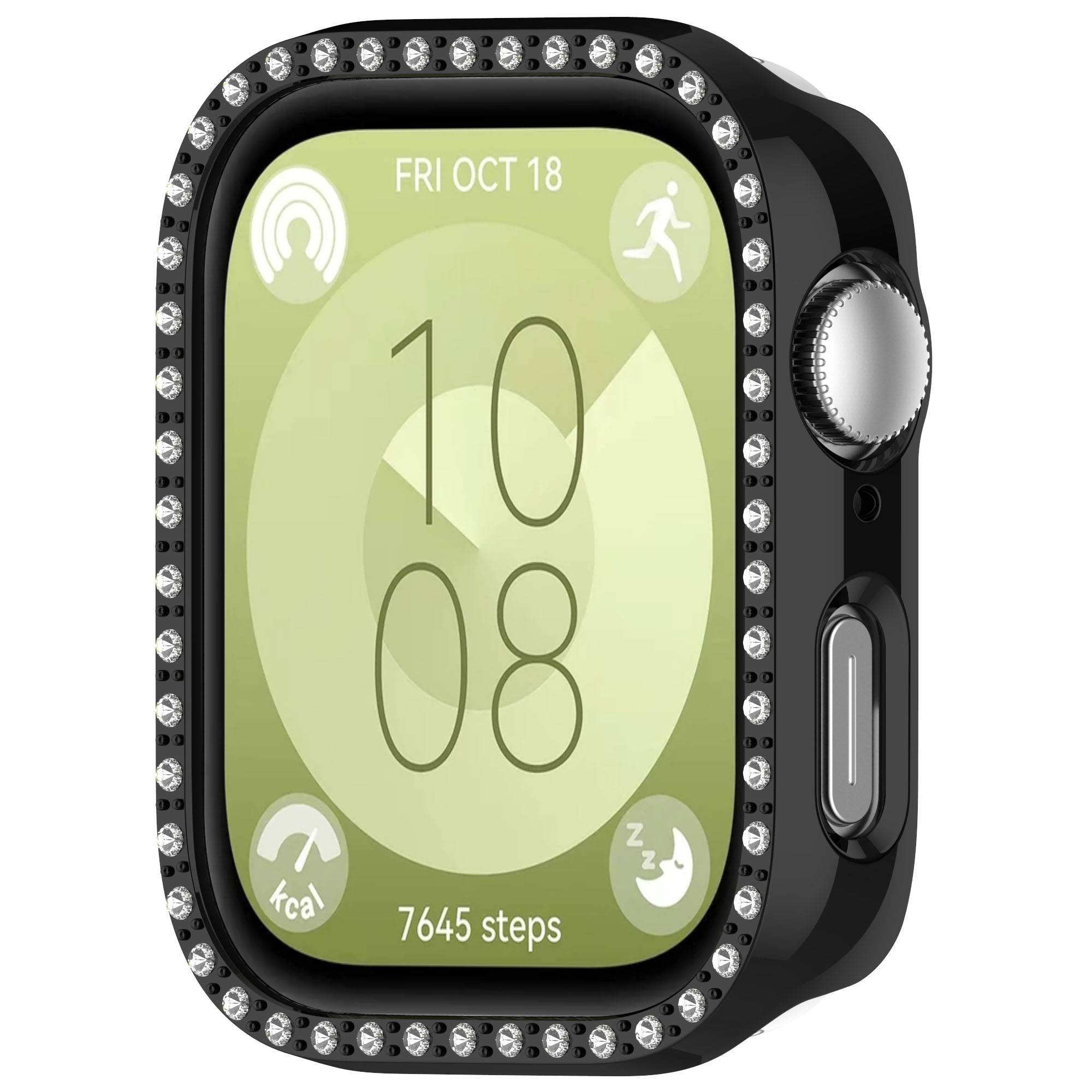Schwarze Smartwatch mit verzierter Lünette zeigt 10:08 Uhr, Freitag 18. Oktober und Fitness-Symbole einschließlich 7645 Schritte.