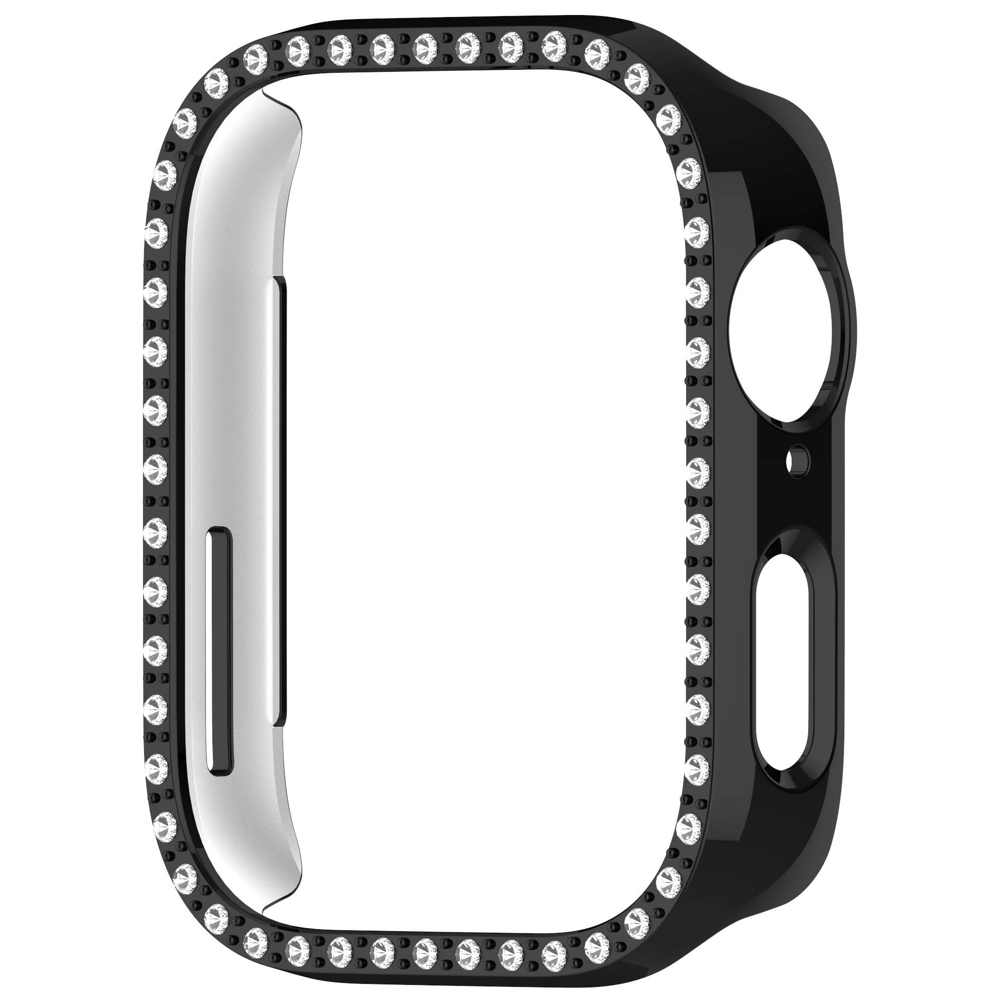Schwarze und silberne Schutzgehäuse für Smartwatch mit rhinesteinbesetztem Rand, gezeigt auf weißem Hintergrund.