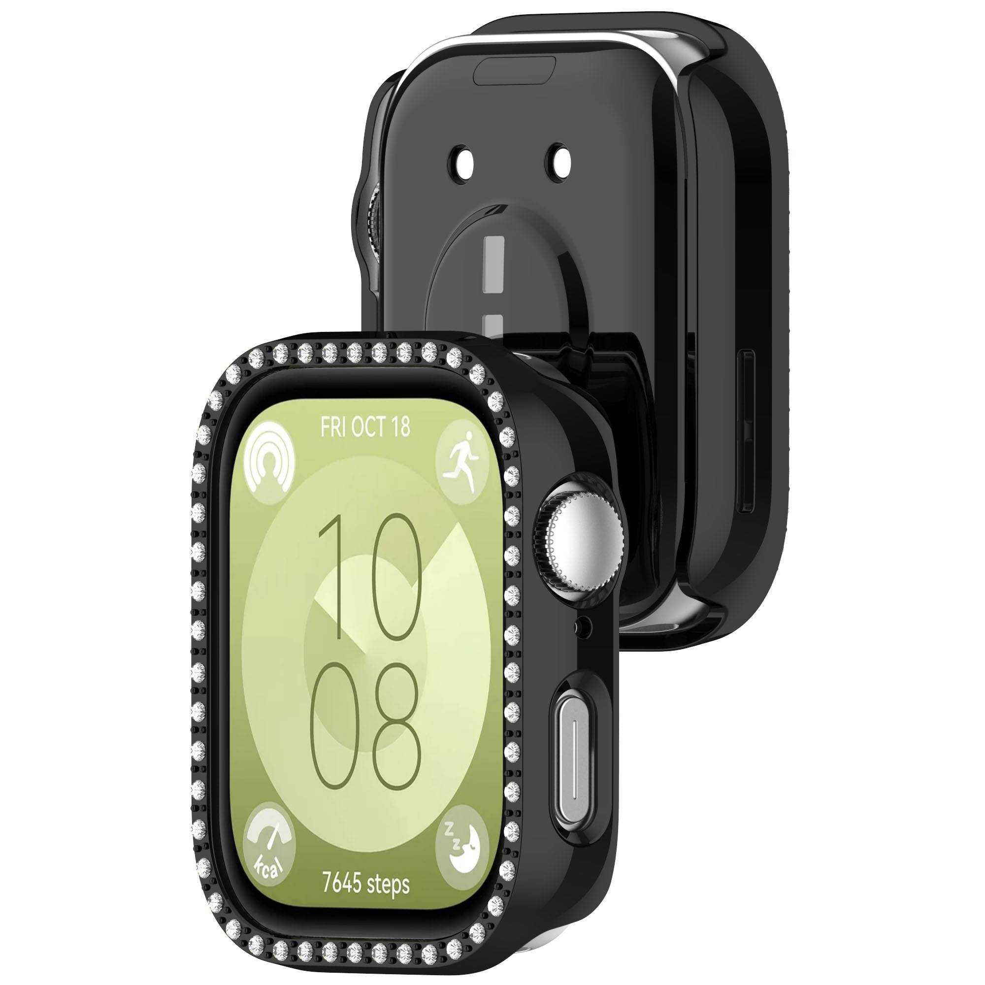 Schwarze Smartwatch mit Rhinstein-Lünette, von vorne und hinten gezeigt, auf dem Display die Uhrzeit 10:08 und 7.645 Schritte angezeigt.