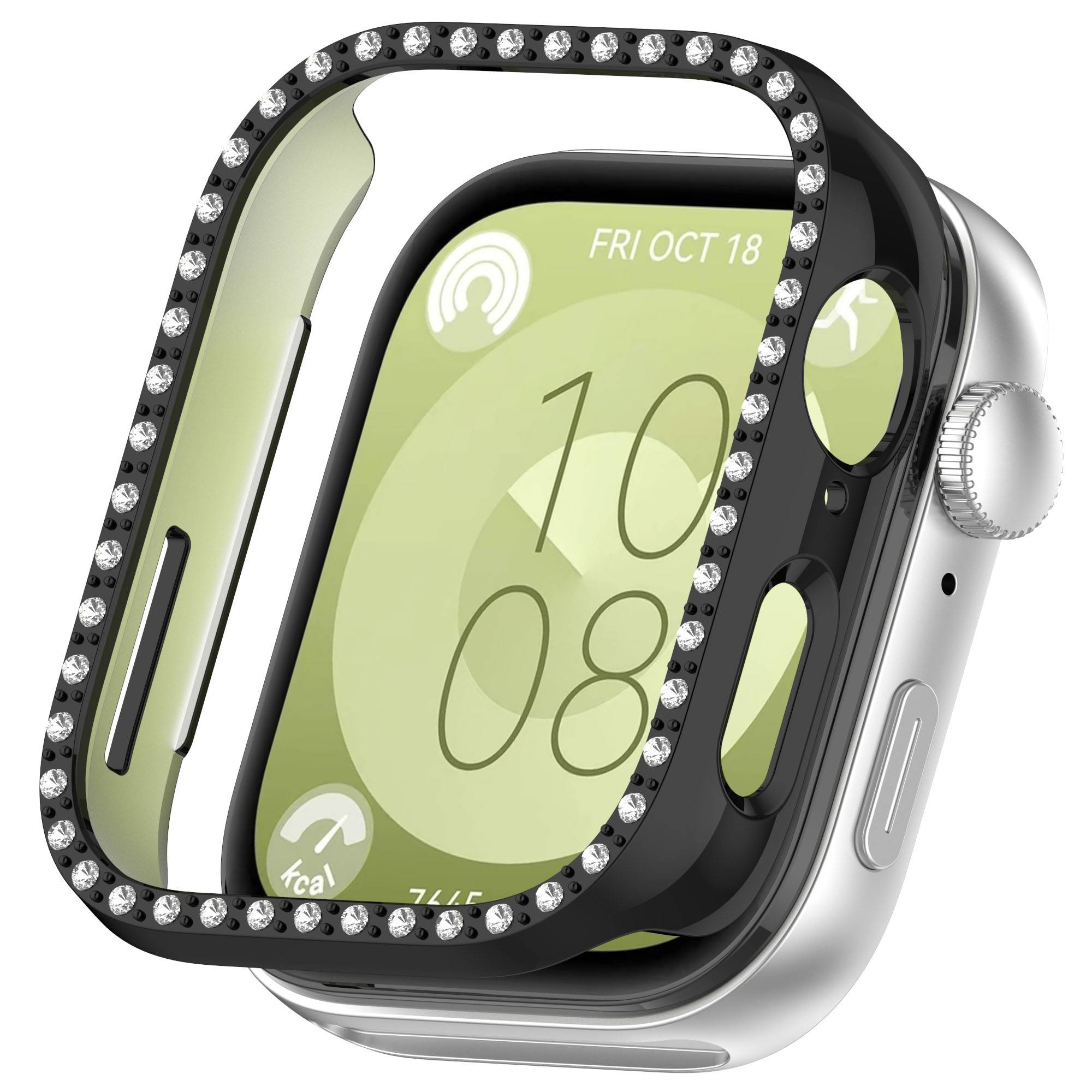 Eine Nahaufnahme einer silbernen Smartwatch mit einem mit Juwelen besetztem schwarzem Gehäuse, die ein grünes digitales Zifferblatt mit der Uhrzeit 10:08 und dem Datum FRI OCT 18 zeigt.