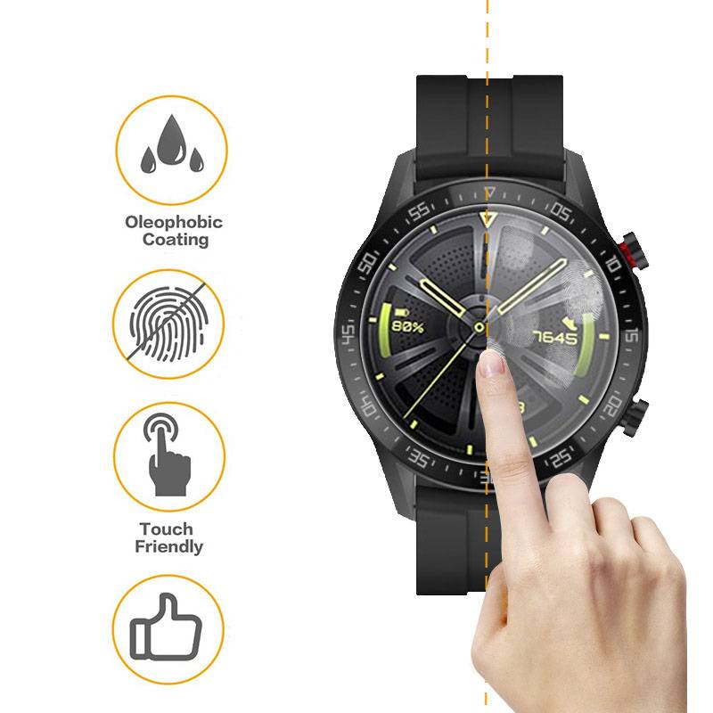 Schwarze Smartwatch mit Finger, der den Bildschirm berührt, zeigt oleophobe Beschichtung, Fingerabdruckresistenz und benutzerfreundliche Touchfunktionen auf der linken Seite