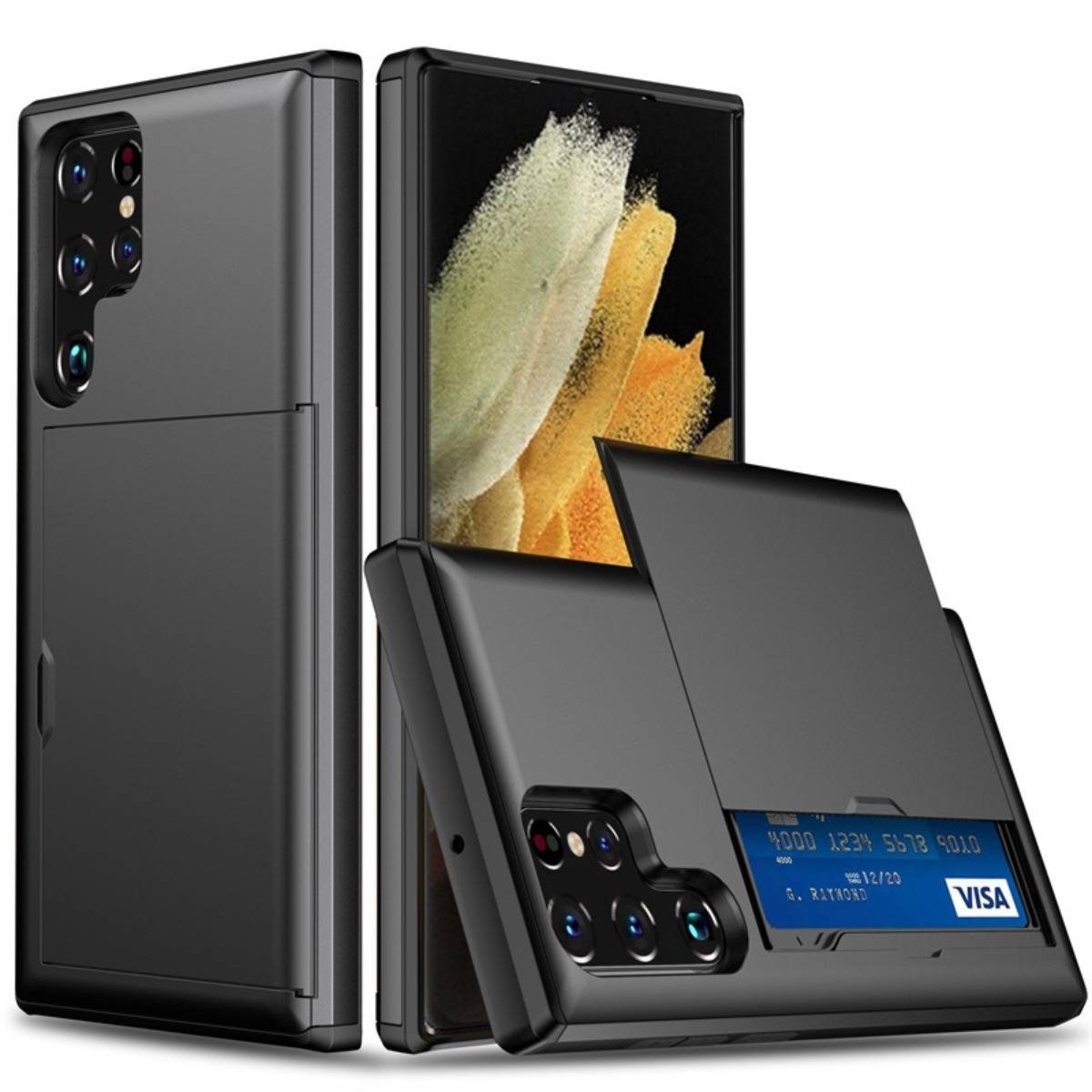 Schwarzbares faltbares Smartphone, offen und geschlossen gezeigt, mit einer rückwärtigen Kameraanordnung und einem integrierten Kartenfachhalter/Wallet-Panel, das eine Visa-Karte anzeigt.