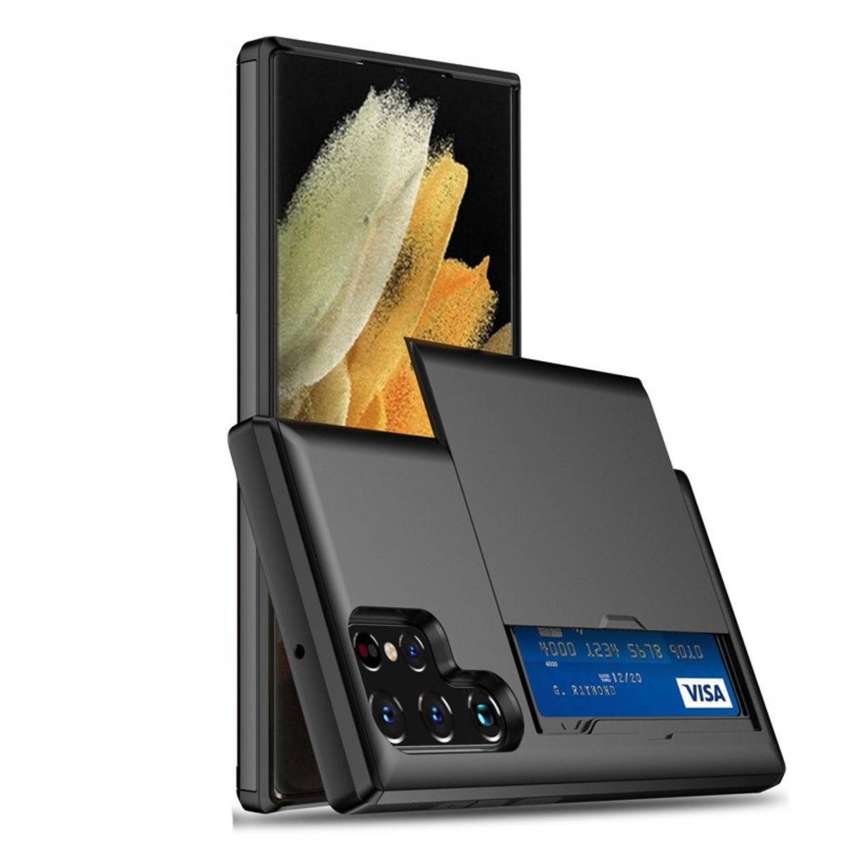 Faltbares Smartphone in einer Schutzhülle, teilweise geöffnet mit einem hinteren Kamera-Cluster und einem kleinen vorderen Display, das Kartendetails und ein Visa-Logo anzeigt.