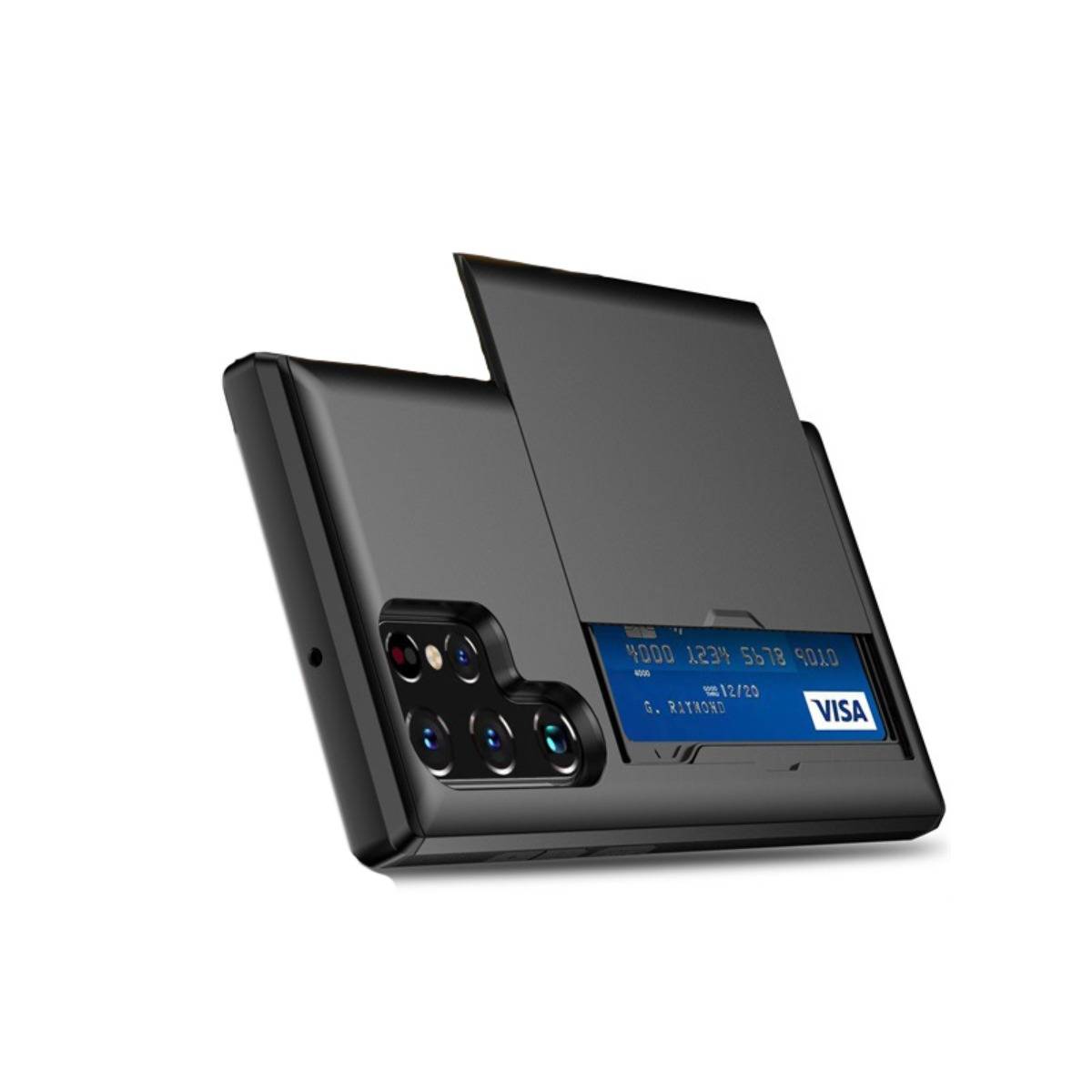 Schwarze Smartphone-Hülle mit integriertem Kartenhalter und ausklappbarem Ständer, mit sichtbarem Visa-Kartenschlitz und Ausschnitt für dreifache Kamera.