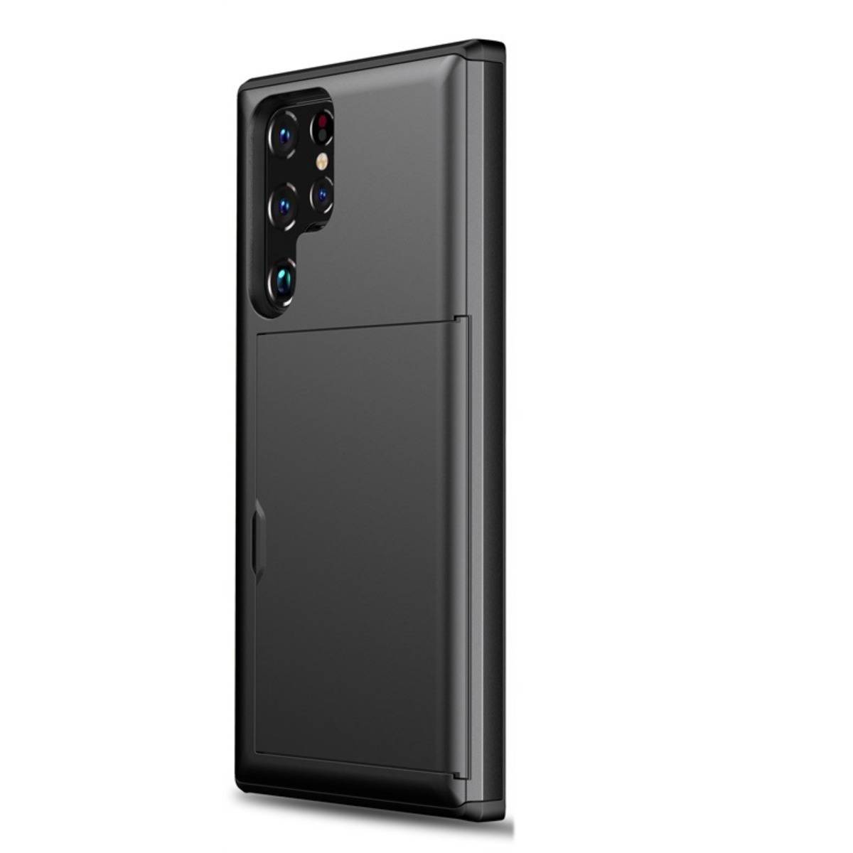 Schwarze Schutz-Smartphone-Hülle von hinten gezeigt, mit einer erhöhten Kameraaussparung und einem schlanken Kartensteckplatz-Panel.