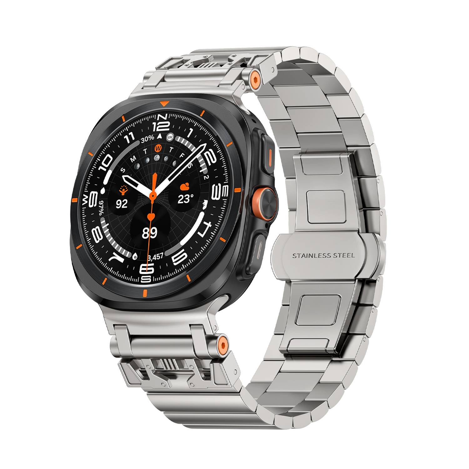 Edelstahl-Smartwatch mit schwarzem rundem Zifferblatt und silbernem Armband, in Schrägansicht auf weißem Hintergrund dargestellt.