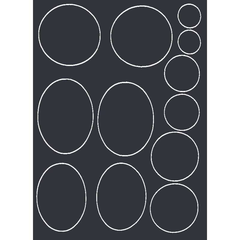 Leere dunkelgraue Vorlage mit acht umrissenen Ovalen und fünf umrissenen Kreisen, die in Spalten angeordnet sind, wahrscheinlich ein Beschriftungs- oder Aufkleber-Layout.