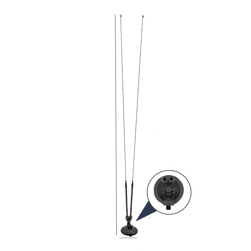 Paar hoher, dünner Antennenstäbe auf kleiner schwarzer Basis montiert, mit kreisförmiger Vertiefung, die den Stecker und die Befestigungsstelle hervorhebt.