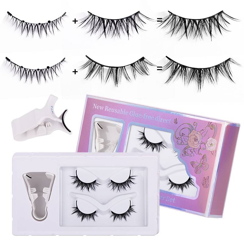 Produktbild mit wiederverwendbaren künstlichen Wimpern, einem Applikator-Werkzeug und Verpackung mit Diagrammen, die Wimpernkombinationen und die Anwendung zeigen.