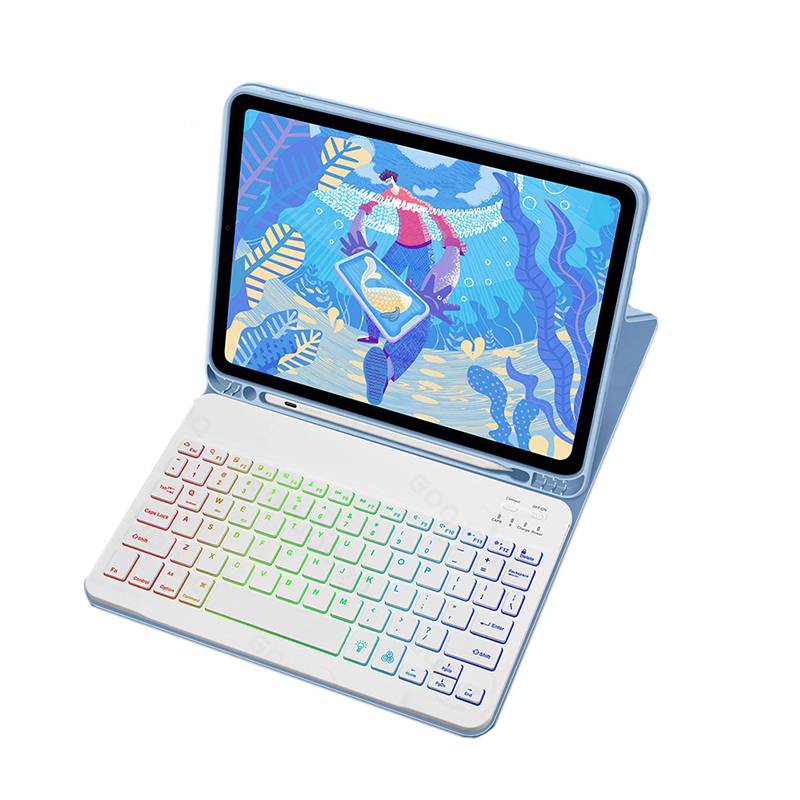 Tragbares Tablet mit angebrachter regenbogenbeleuchteter Tastatur und Ständer, auf dem Bildschirm eine bunte Illustration einer Unterwasser-Meerjungfrau angezeigt.