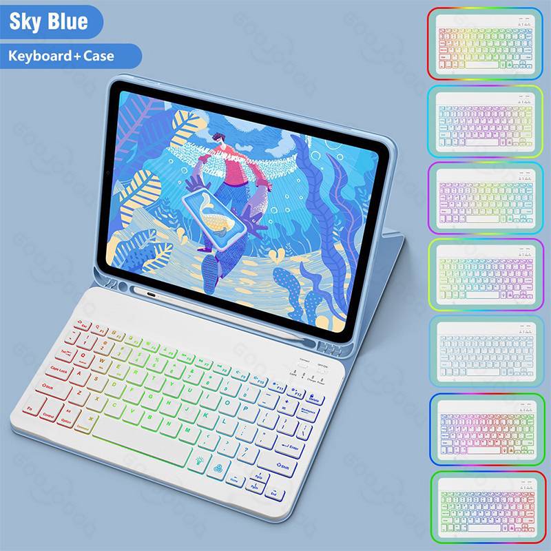 Himmelblauer Tastaturkoffer für ein Tablet, aufgeklappt gezeigt mit regenbogenfarbig beleuchteter Tastatur und mehreren Farboptionen in Miniaturansichten dargestellt.